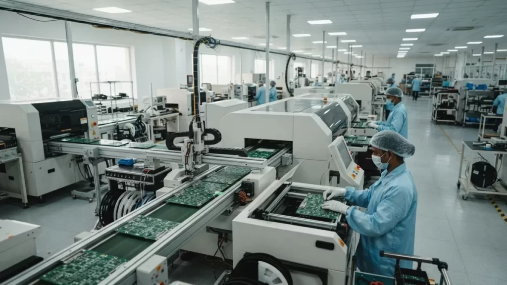 Industrial electronics assembly floor with modern manufacturing equipment representing component production.