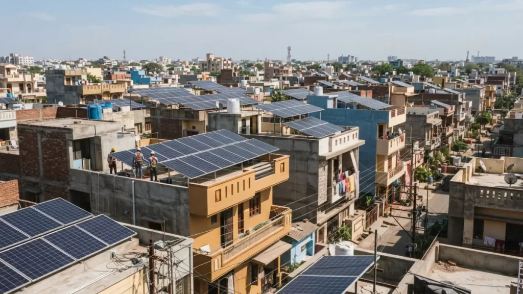Residential rooftops with modern solar panels installed under daylight