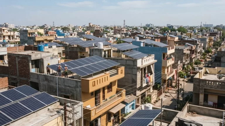 Residential rooftops with modern solar panels installed under daylight