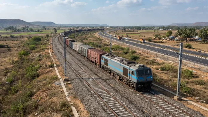 A modern freight train running on newly laid railway tracks through a rural landscape.
