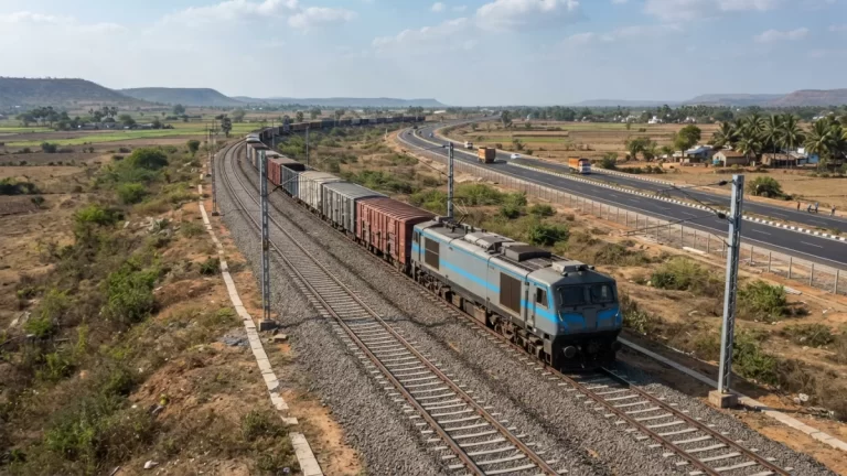 A modern freight train running on newly laid railway tracks through a rural landscape.