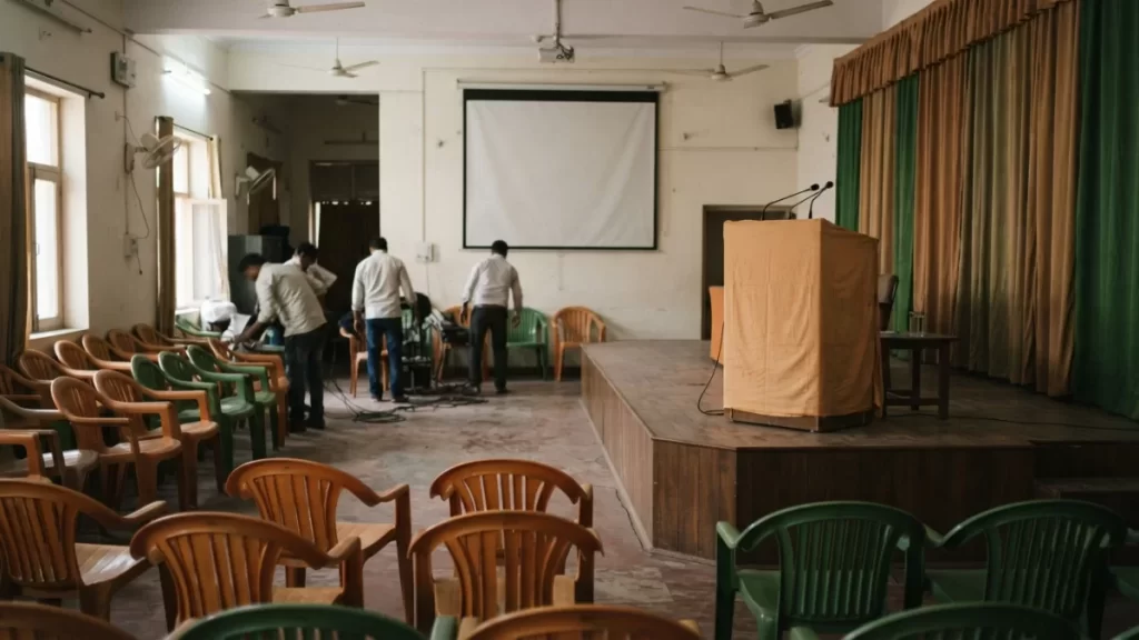 An empty political meeting hall set up for a party conference in Punjab.