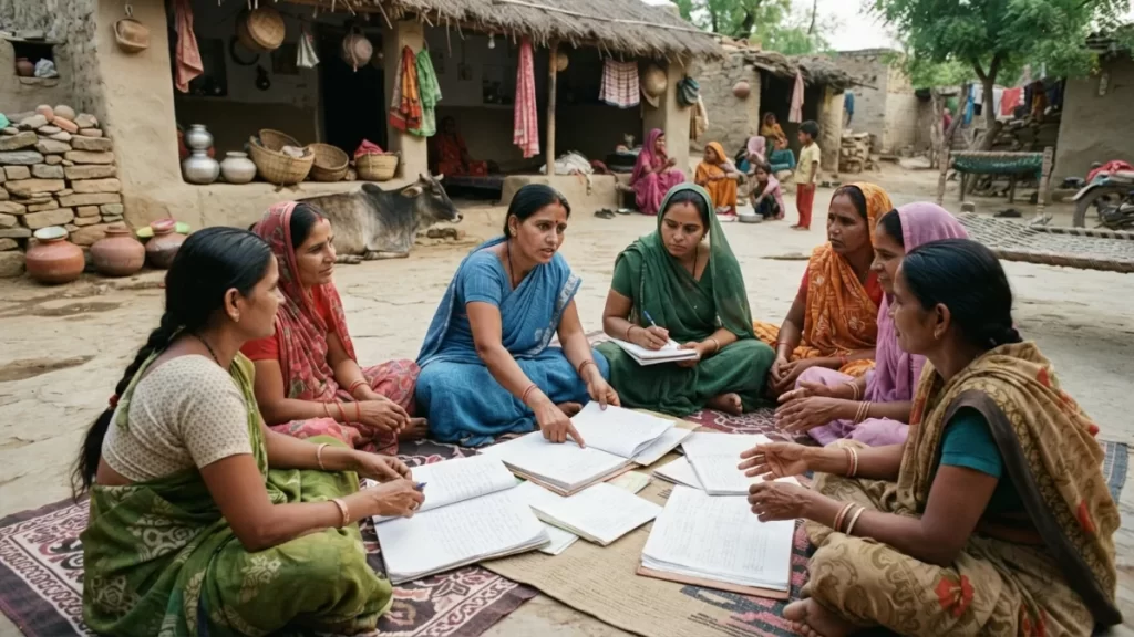 Rural women participating in a community entrepreneurship training session outdoors.