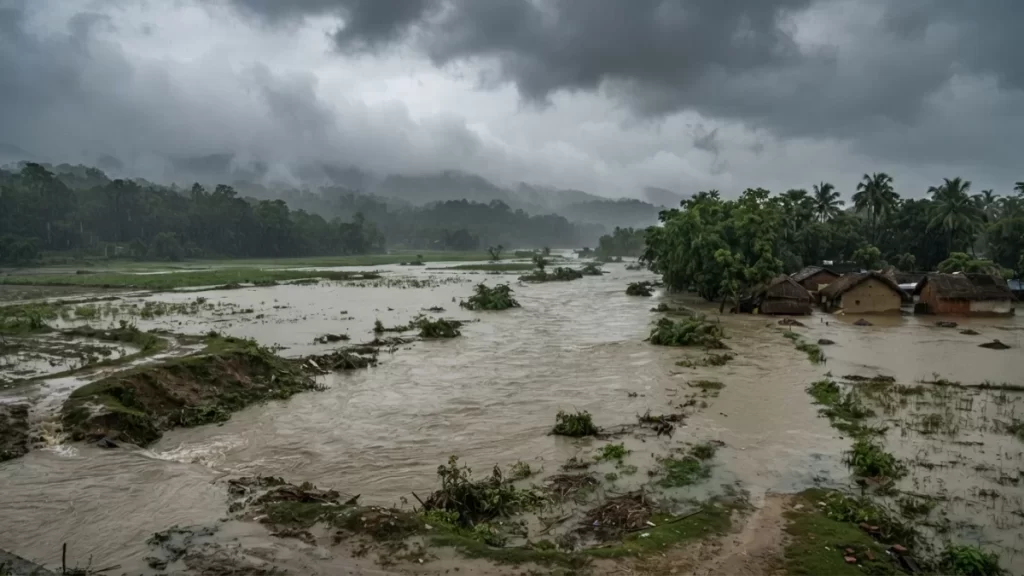 A wide editorial view of a flooded landscape under heavy monsoon clouds.