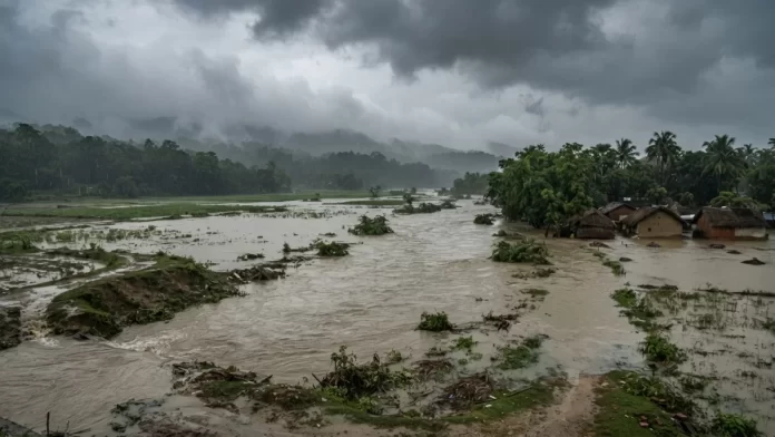 Orange Weather Alerts Issued for Uttarakhand and Chhattisgarh Amid Heavy Rainfall Warnings Across India A wide editorial view of a flooded landscape under heavy monsoon clouds.